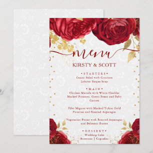 Watercolor Red and Gold Flowers Wedding Menu