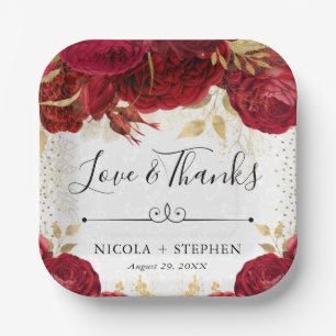 Watercolor Red and Gold Flowers Wedding Paper Plate
