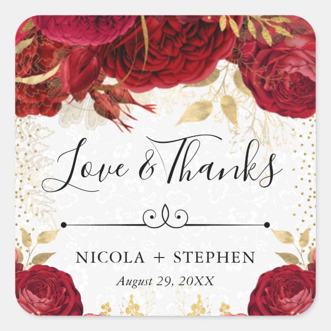 Watercolor Red and Gold Flowers Wedding Square Sticker (Front)