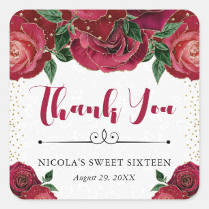 Watercolor Red and Gold Glam Roses Sweet 16 Square Sticker