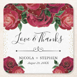 Watercolor Red and Gold Glam Roses Wedding Square Paper Coaster