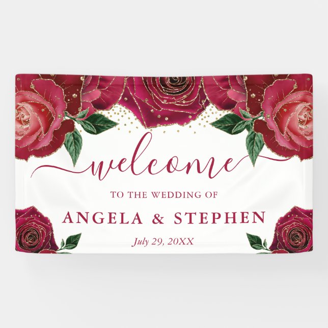Watercolor Red and Gold Roses Wedding Banner (Horizontal)
