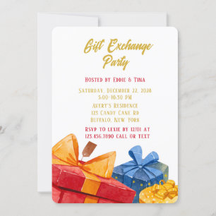 Watercolor Red and Golden Gift Exchange Party Invitation