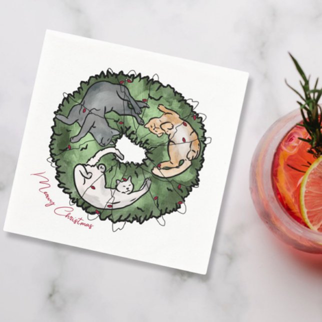 Watercolor red and green Cat Christmas  Napkin (Creator Uploaded)