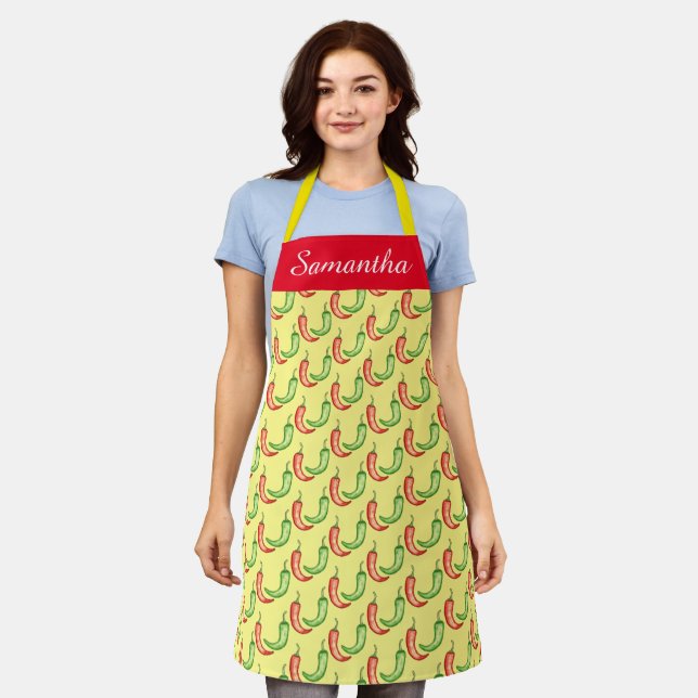 Watercolor Red And Green Chilli Peppers Apron (Worn)