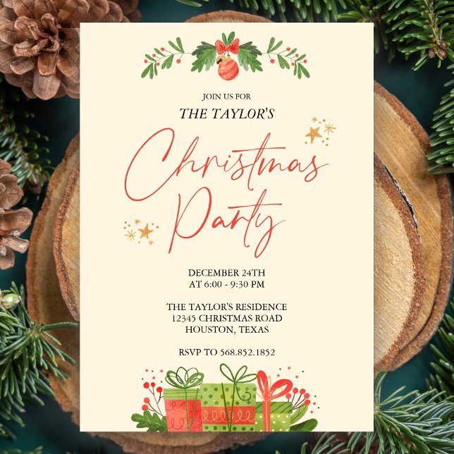 Watercolor  Red and Green Christmas Dinner Party Invitation (Creator Uploaded)