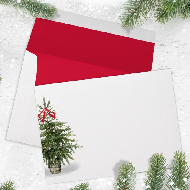 Watercolor Red and Green Christmas Tree Envelope (Christmas tree festive holiday envelope. )
