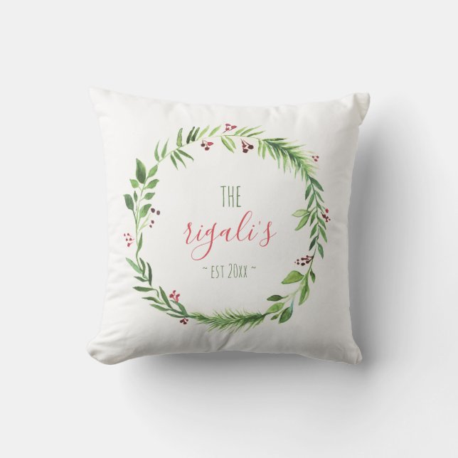 Watercolor Red and Green Personalised Christmas Cushion (Front)