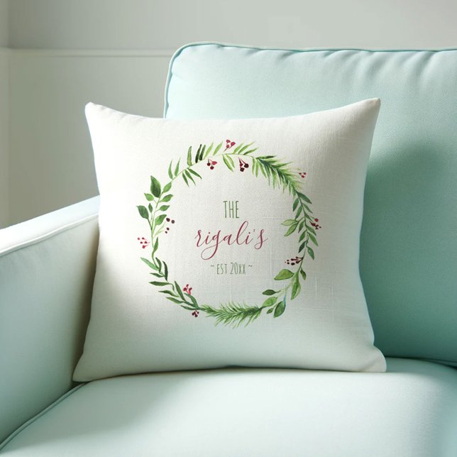 Watercolor Red and Green Personalised Christmas Th Cushion (Christmas pillow personalized with your name surrounded by watercolor greenery)
