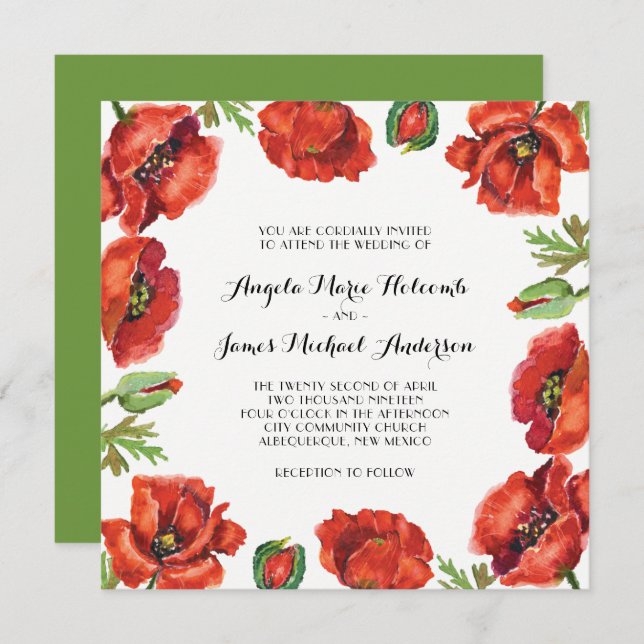 Watercolor Red and Green Poppy Flower Wedding 2 Invitation (Front/Back)