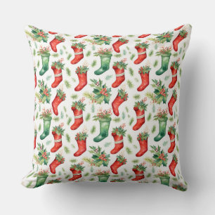 Watercolor Red and Green Stockings Cushion