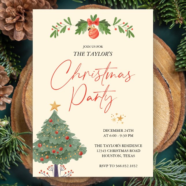 Watercolor Red and Green Tree Christmas Party Invitation (Creator Uploaded)