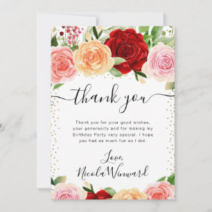 Watercolor Red and Orange Roses Flowers Birthday Thank You Card