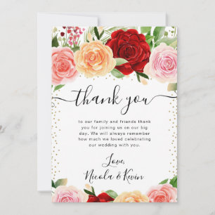 Watercolor Red and Orange Roses Flowers Wedding Thank You Card