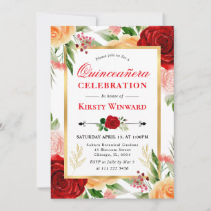 Watercolor Red and Orange Roses Quinceanera Invitation