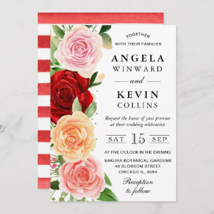 Watercolor Red and Orange Roses Wedding Invitation