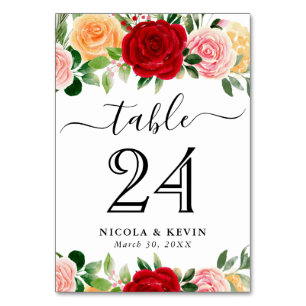 Watercolor Red and Orange Roses Wedding Table Number