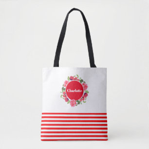 Watercolor Red and Pink Circle Floral Wreath Tote Bag