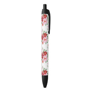 Watercolor Red and Pink Floral Seamless Pattern Black Ink Pen