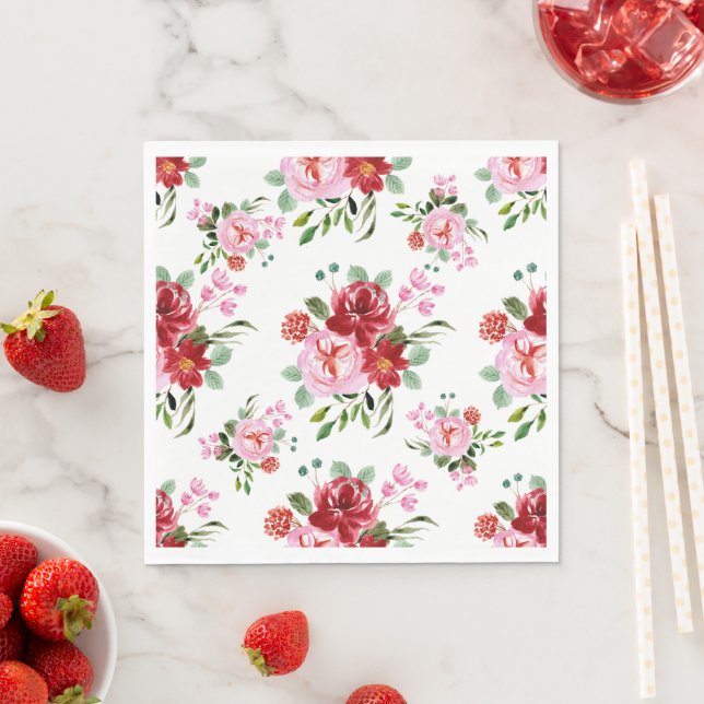 Watercolor Red and Pink Floral Seamless Pattern  Napkin (Insitu)