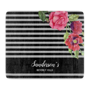 Watercolor Red and Pink Flowers Black Grey Stripes Cutting Board