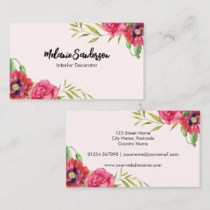 Watercolor Red and Pink Flowers on Dark Navy Blue Business Card