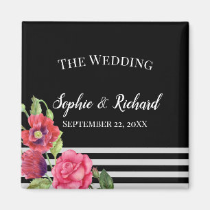 Watercolor Red and Pink Flowers Stripes Wedding Magnet