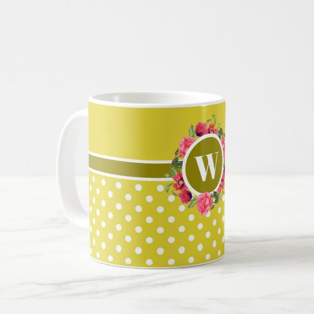 Watercolor Red and Pink Flowers Wreath Circle Coffee Mug (Front Left)