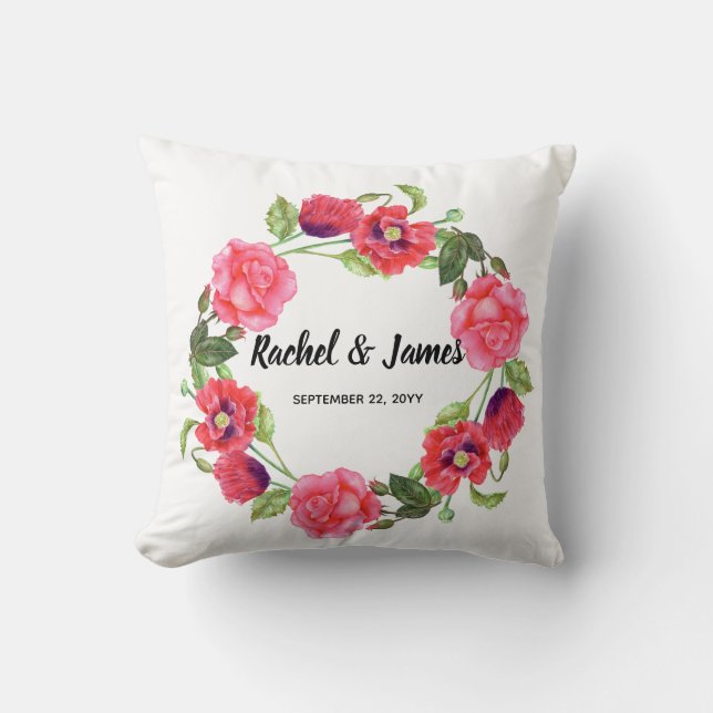 Watercolor Red and Pink Flowers Wreath Circle Cushion (Front)