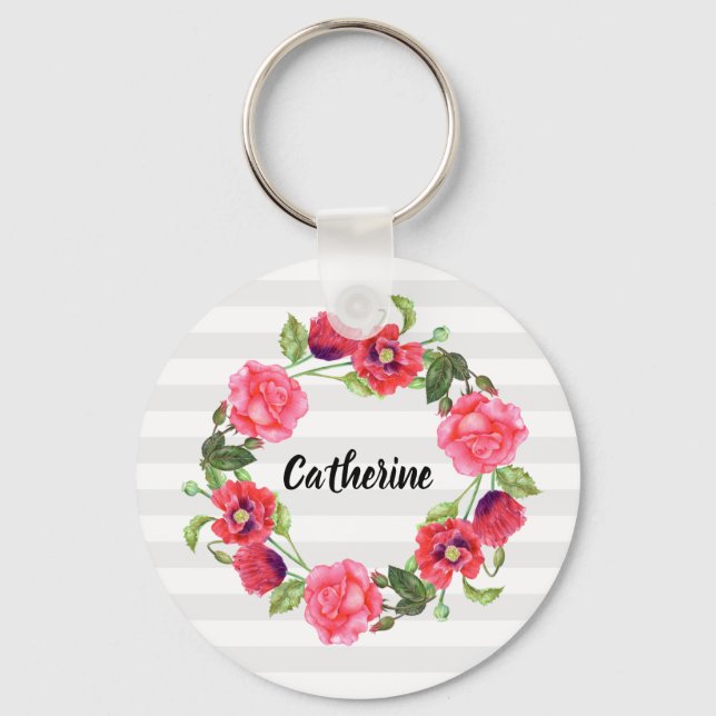Watercolor Red and Pink Flowers Wreath Circle Key Ring (Front)