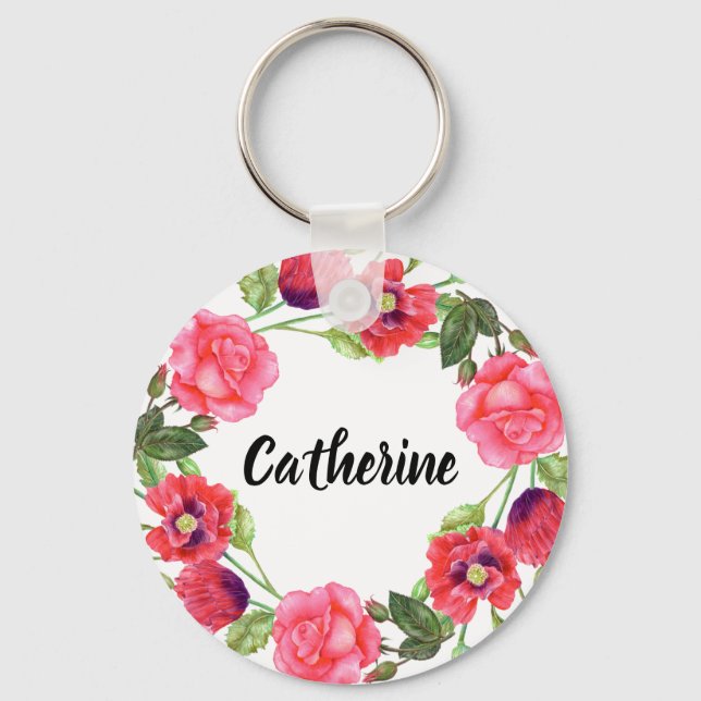 Watercolor Red and Pink Flowers Wreath Circle Key Ring (Front)