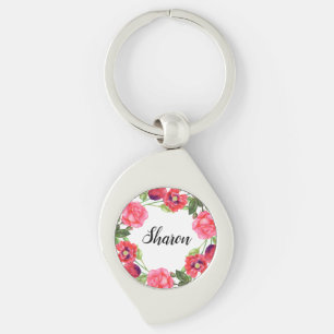 Watercolor Red and Pink Flowers Wreath Circle Key Ring