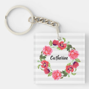 Watercolor Red and Pink Flowers Wreath Circle Key Ring
