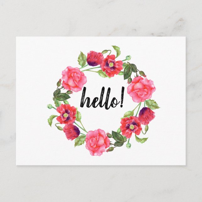 Watercolor Red and Pink Flowers Wreath Circle Postcard (Front)