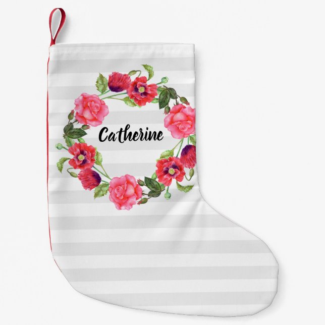 Watercolor Red and Pink Flowers Wreath Circle Small Christmas Stocking (Front)