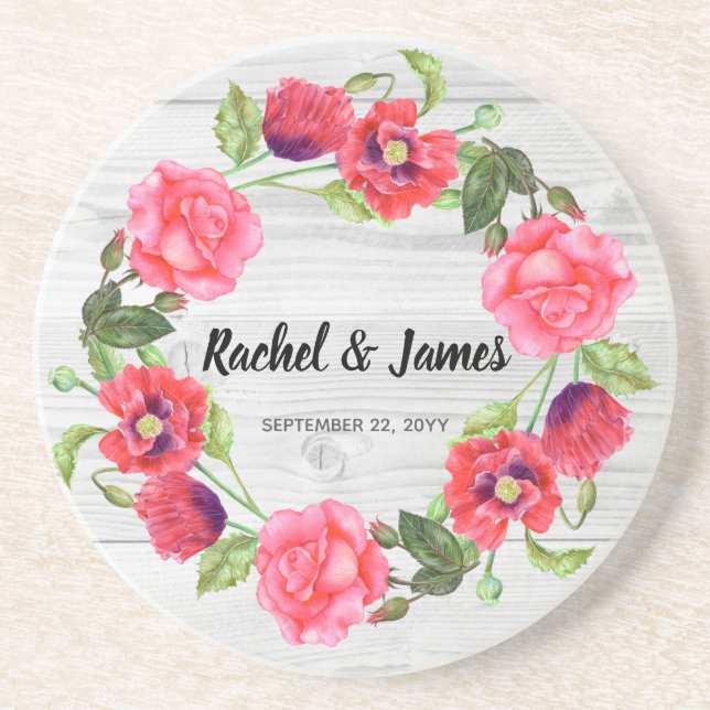 Watercolor Red and Pink Flowers Wreath Design Coaster (Front)