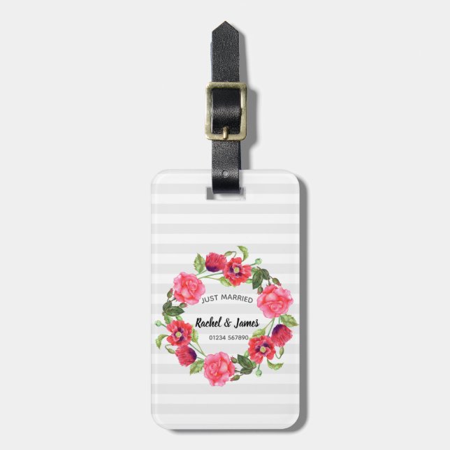 Watercolor Red and Pink Flowers Wreath Design Luggage Tag (Front Vertical)