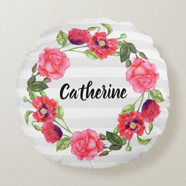 Watercolor Red and Pink Flowers Wreath Design Round Cushion (Front)