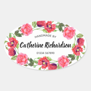 Watercolor Red and Pink Flowers Wreath Oval Design Oval Sticker