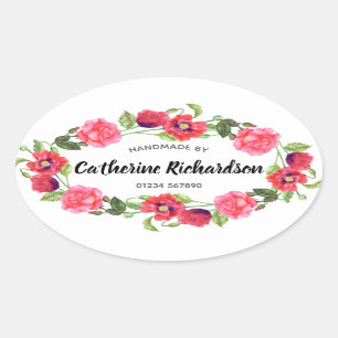 Watercolor Red and Pink Flowers Wreath Oval Design Sticker