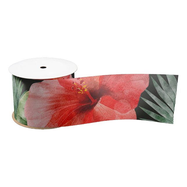 Watercolor Red and Pink Hibiscus Tropical Leaves   Satin Ribbon (Spool)