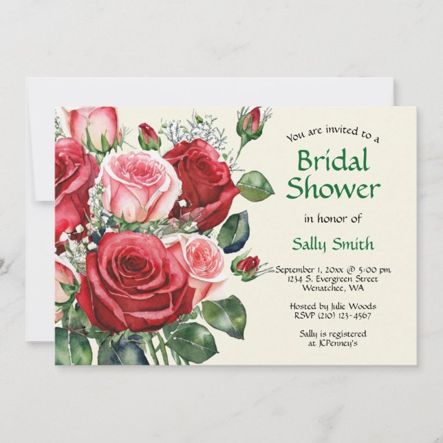 Watercolor Red and Pink Roses Bridal Shower Invitation (Front)