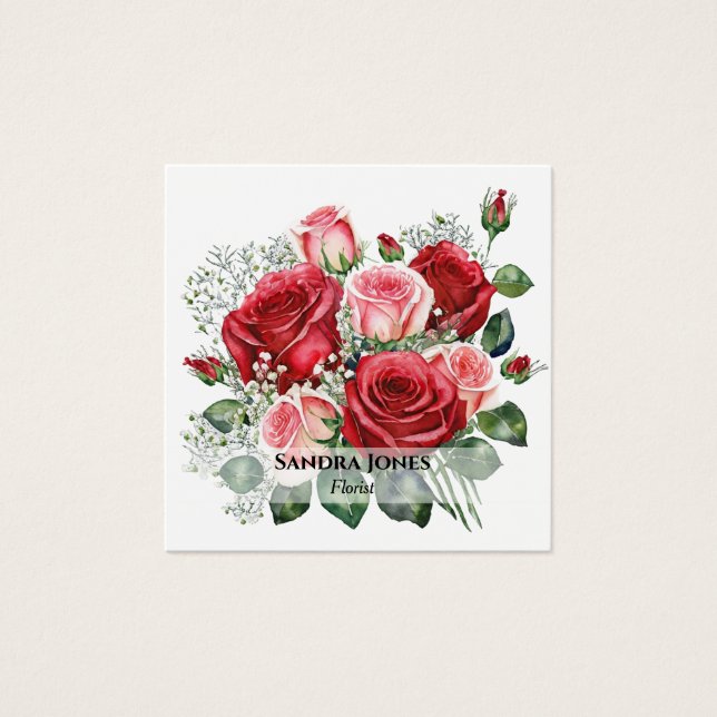Watercolor Red and Pink Roses Business Cards (Front)