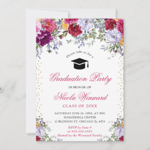 Watercolor Red and Purple Flowers Graduation Invit Invitation