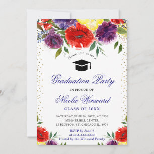 Watercolor Red and Purple Flowers Graduation Invitation