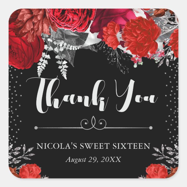 Watercolor Red and Silver Flowers Sweet 16 Square Sticker (Front)