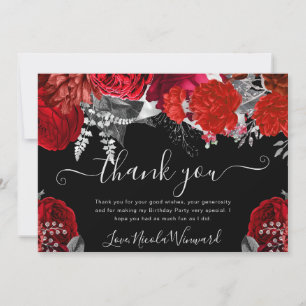 Watercolor Red and Silver Roses  Birthday Thank You Card