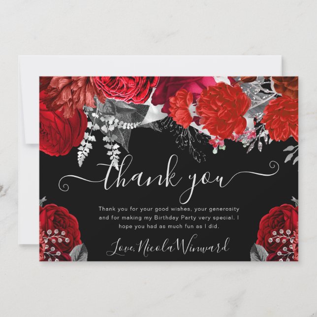 Watercolor Red and Silver Roses  Birthday Thank You Card (Front)