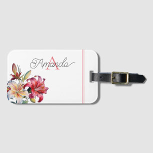 Watercolor Red and White Lily Name Monogramed Luggage Tag