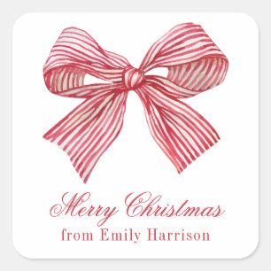 Watercolor Red and White Striped Bow Square Sticker